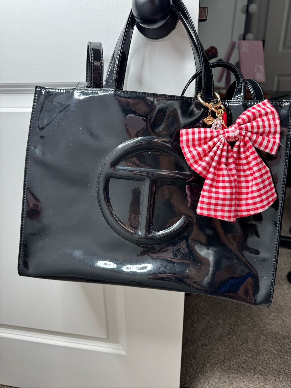 Telfar Black Patent Tote with Red Gingham Bow Charm large